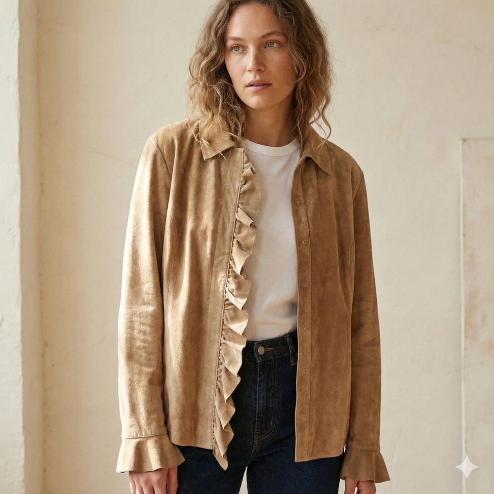 Vintage Margaret‎ Godfrey Suede Shirt Jacket Shacket Ruffle Western Leather 14